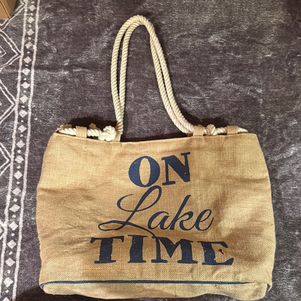 B. boutique by evergreen burlap and rope “on lake time” market bag